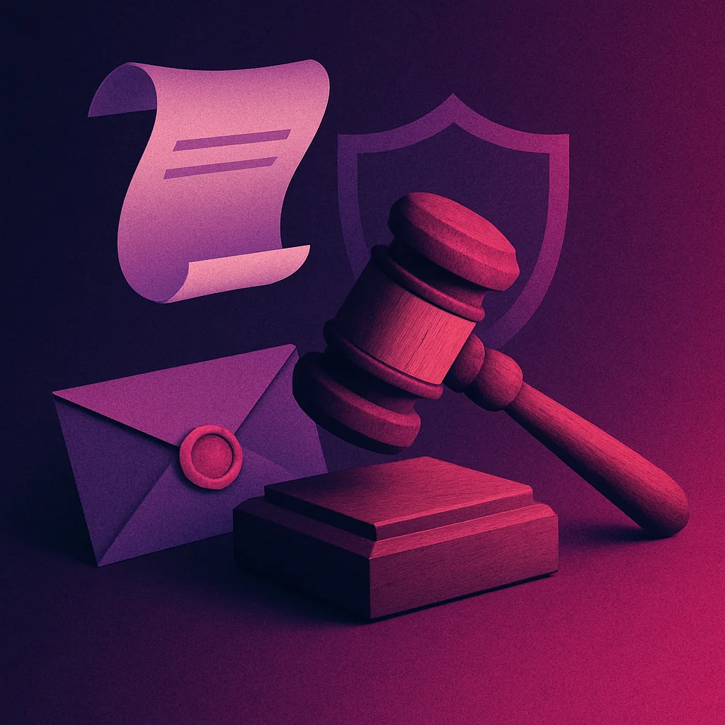 Klachten bij casino zonder CRUKS met gavel en envelop